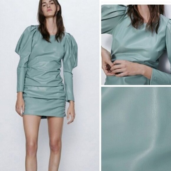 Zara Faux Leather Ruched Puff Sleeve Dress Sold Out Seafoam Green Large - Picture 1 of 16